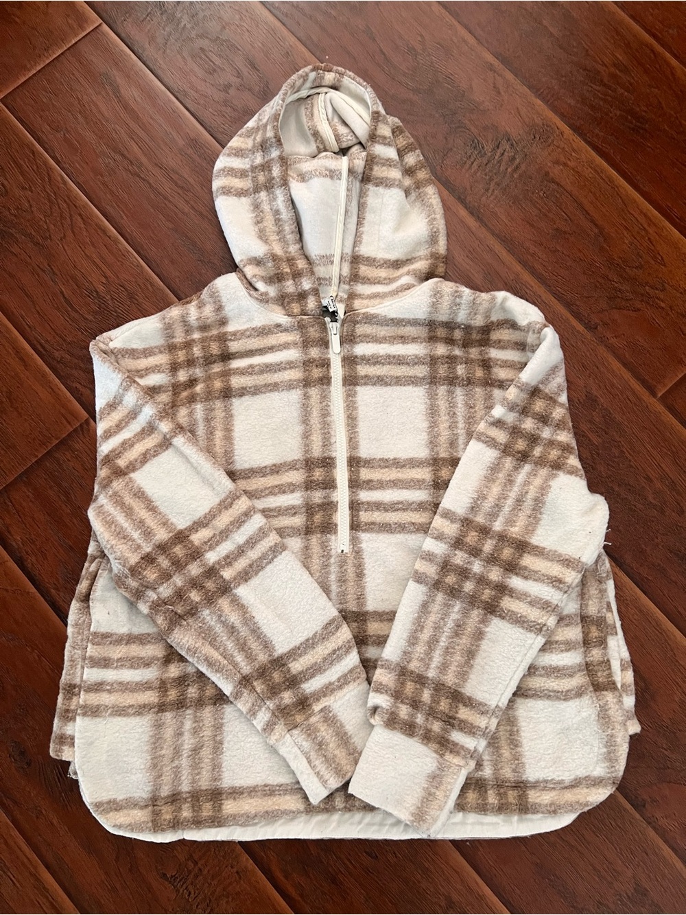 Joie Cream & Taupe Plaid Hooded Half-Zip Pullover